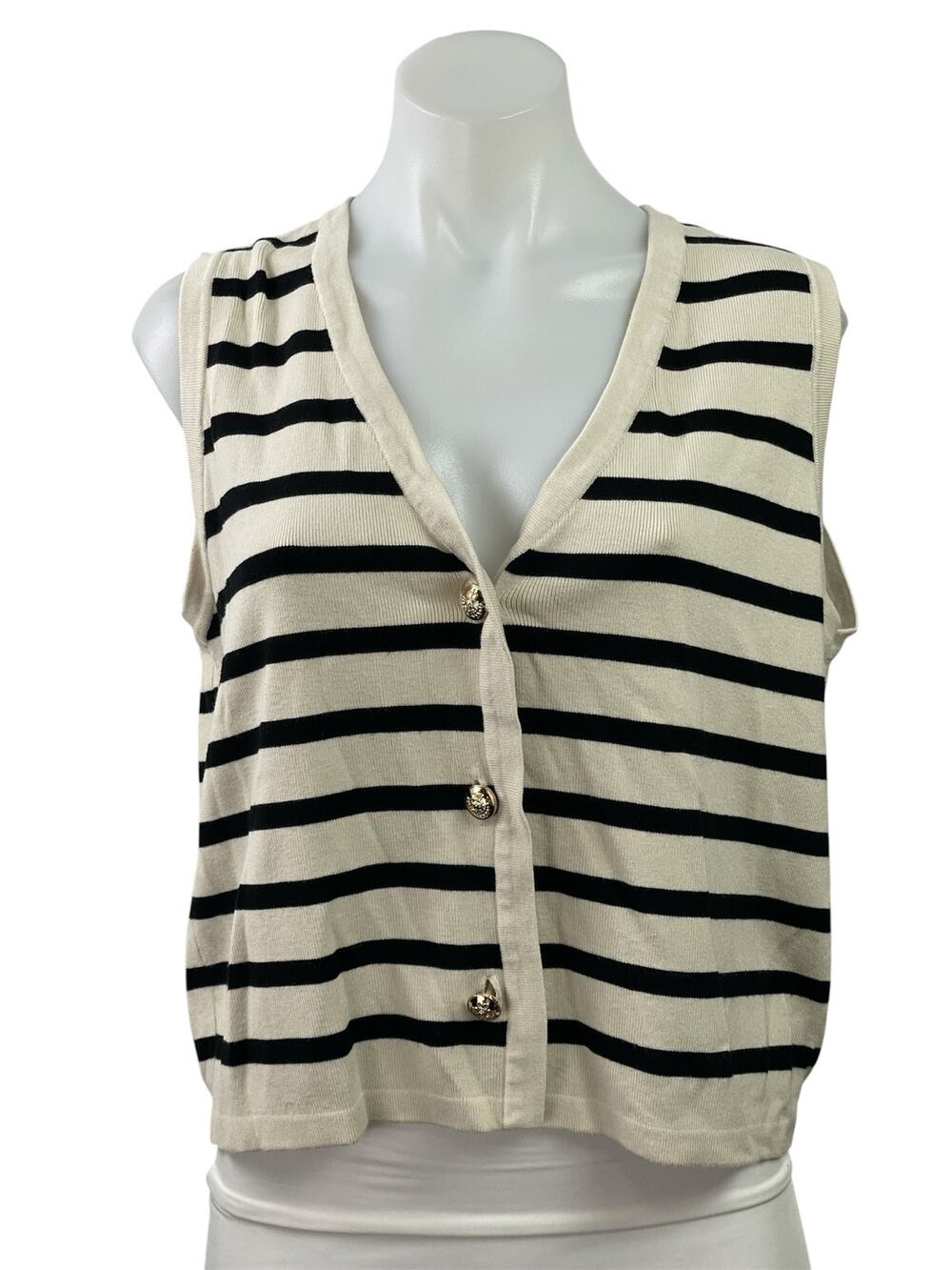 Illusory Women's Cream Black Striped Sleeveless Button Up Crop Cardigan Size L